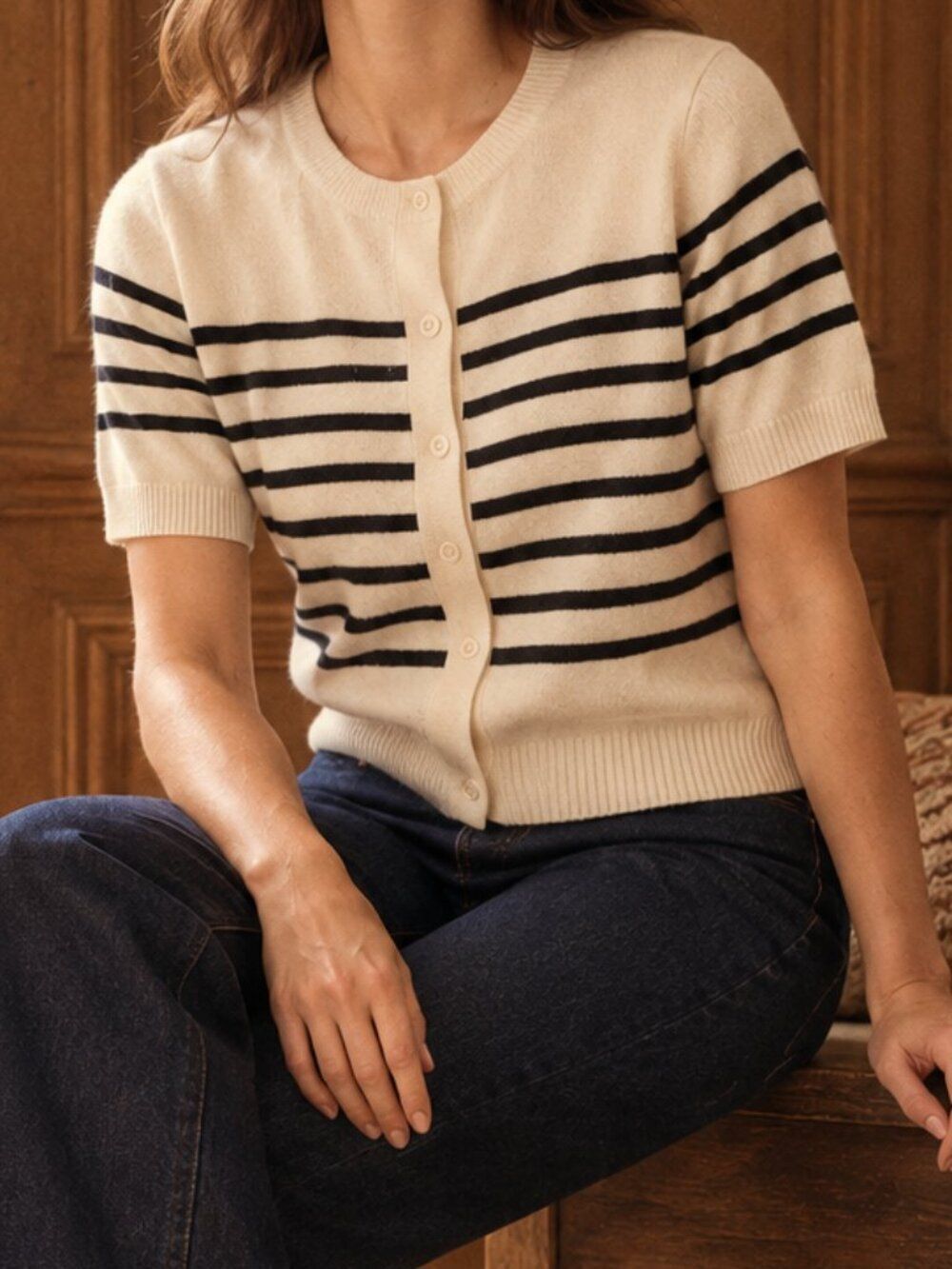 CAARA Cream Black Striped 100% Cashmere Short Sleeve Cardigan Size XL
